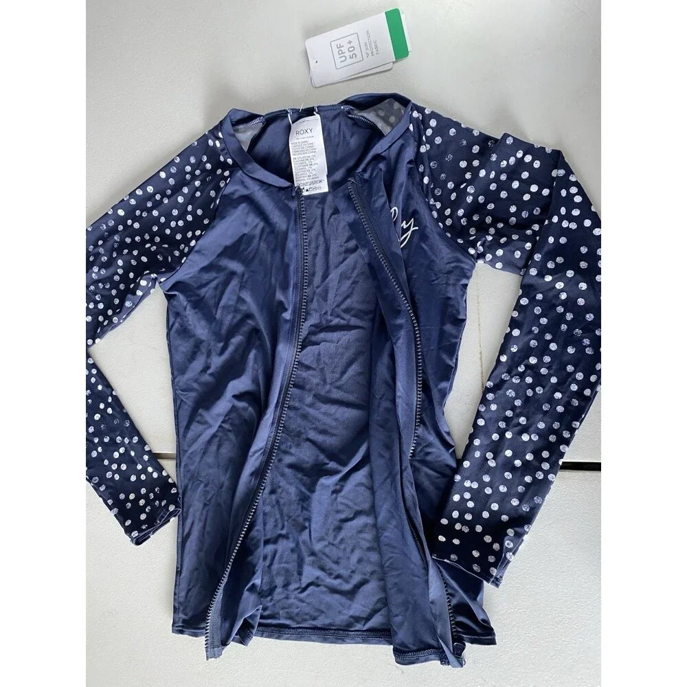 Roxy Womens XS Rash Guard Long Sleeve Zip Front Polka Dot UPF 50+ NWT Navy Blue